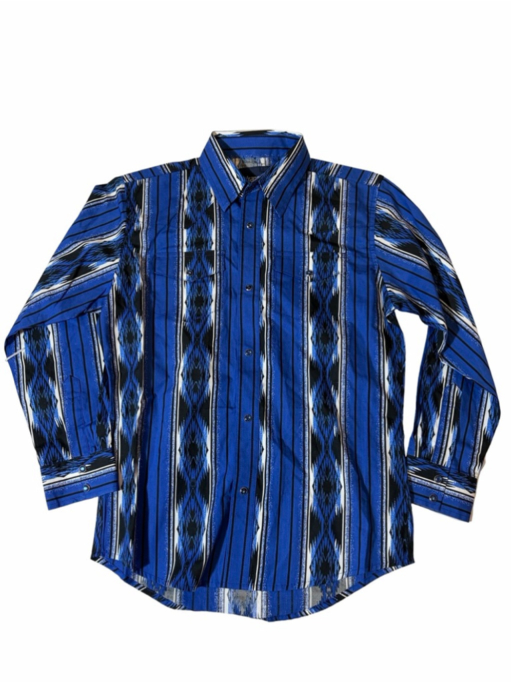 Wrangler Western Aztec Stripe Pearl Snap Shirt Blue Black Large